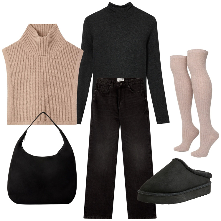 Outfit donna - Terranova \'25. Stile Casual per Tutti i giorni. Abbinamento con cappotti, jeans dritti, sabot, calzini, borse a mano, t-shirt.