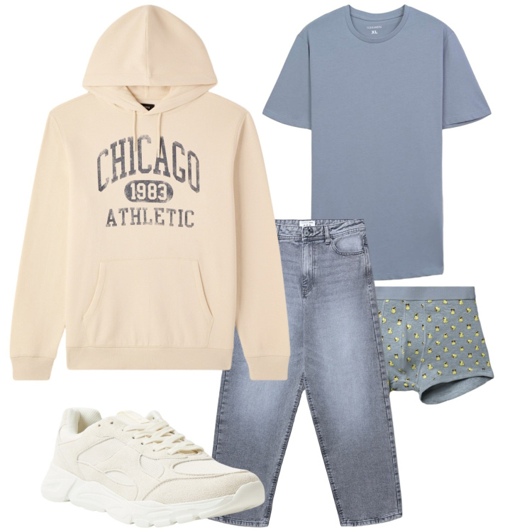 Outfit uomo - Total look #2288600. Stile Urban per Tutti i giorni. Abbinamento con sneakers, t-shirt, jeans, boxer, felpe con cappuccio.