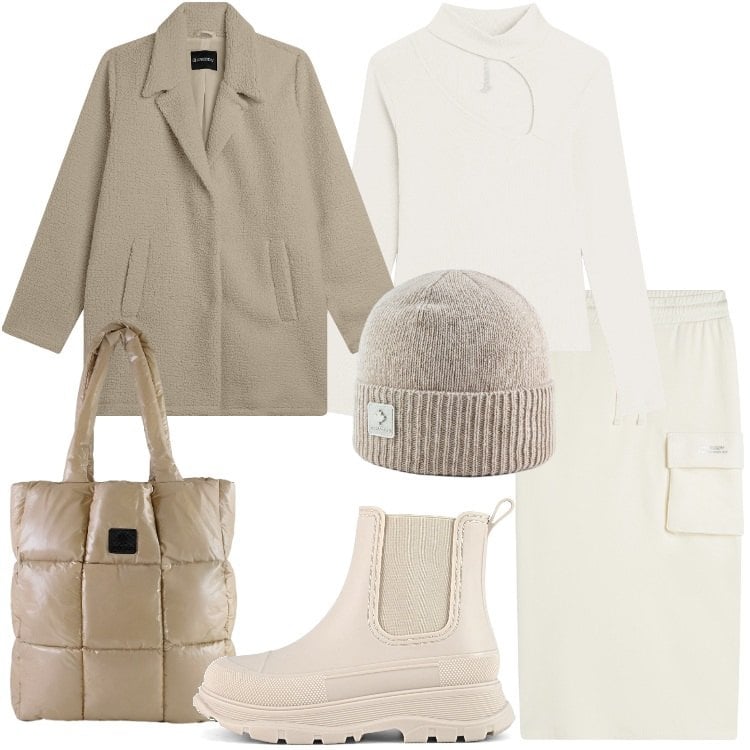 Outfit donna - Sporty-chic autunnale. Stile Sporty chic per Tutti i giorni. Abbinamento con gonne longuette, maglieria, cappotti, shopping bag, berretti, stivali.