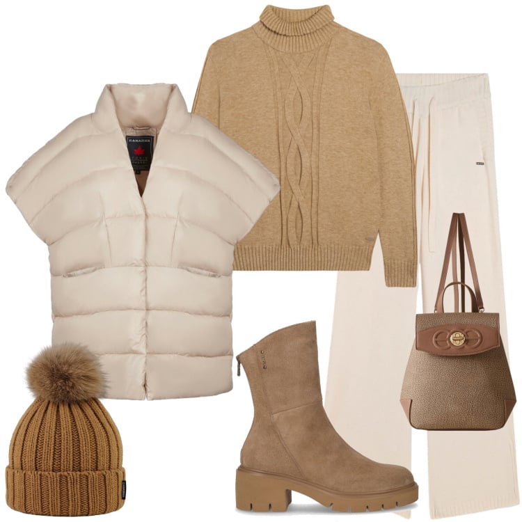 Outfit donna - Sporty chic autunnale. Stile Sporty chic per Tutti i giorni. Abbinamento con zaini, pantaloni, maglieria, piumini, berretti, stivaletti.