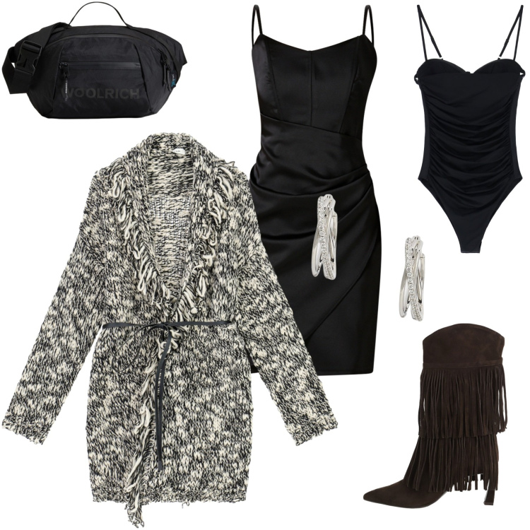 Outfit donna - Il Cardigan. Stile Casual chic per Serata fuori. Abbinamento con vestiti a tubino, body, stivali, cardigans, orecchini, borse a tracolla.