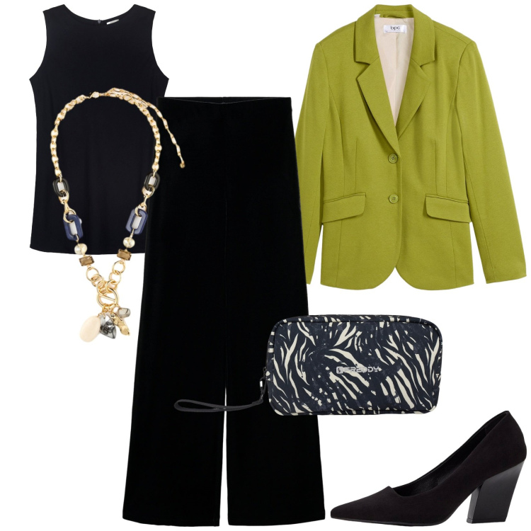 Outfit donna - I pantaloni effetto velluto. Stile Chic per Serata fuori. Abbinamento con décolleté, blazer, pantaloni, valigie, top, collane.