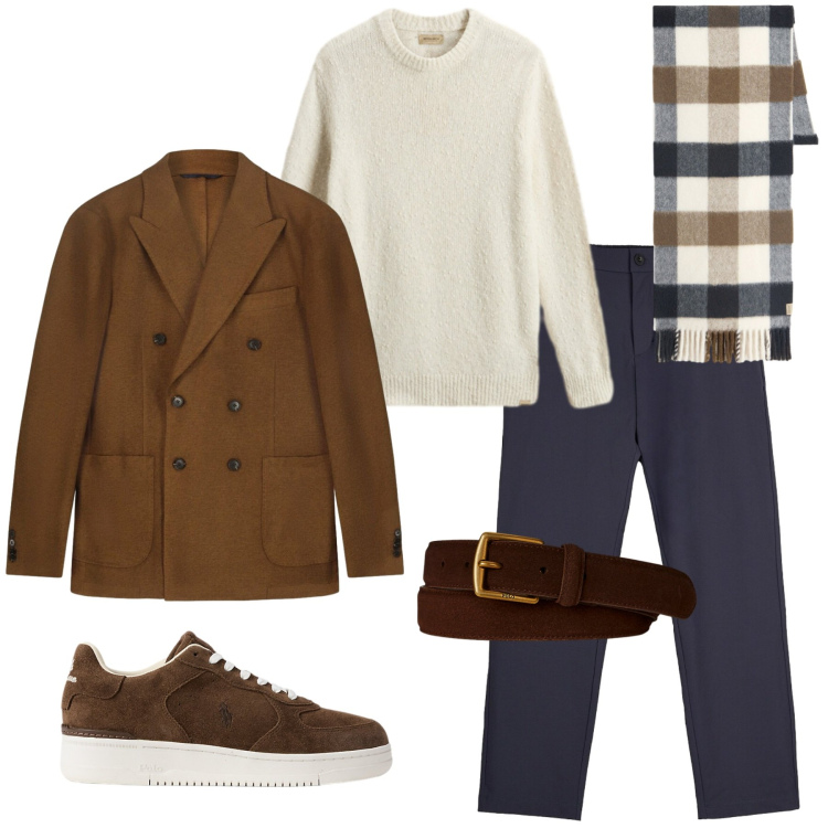 Outfit uomo - Look smart casual da ufficio. Stile Casual per Ufficio. Abbinamento con pantaloni chino, sneakers, cinture, maglieria, sciarpe, giacche.