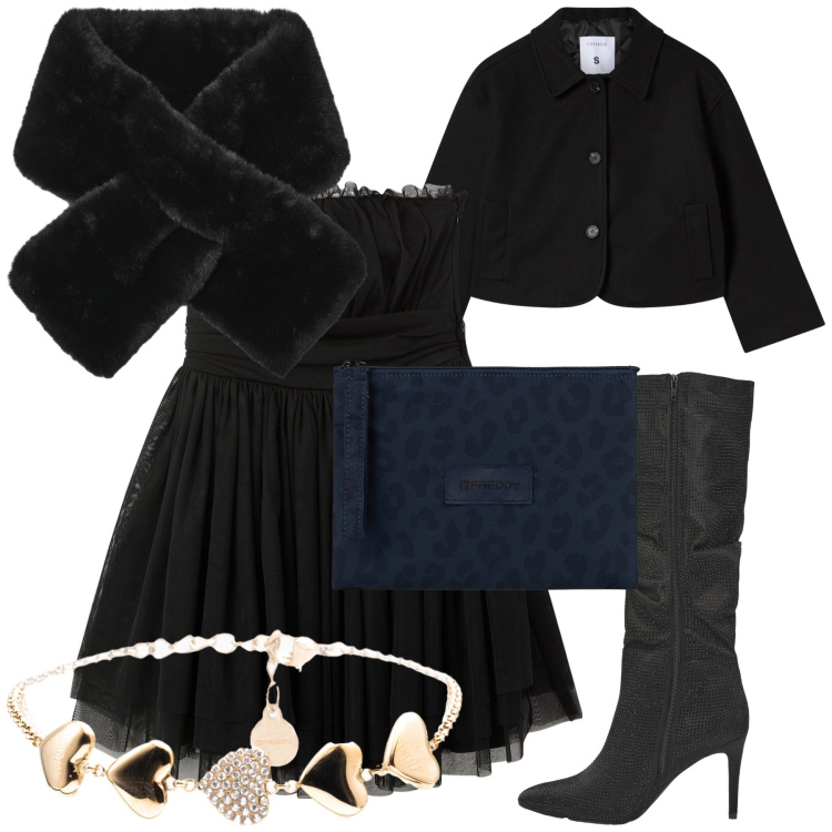 Outfit donna - Che stile. Stile Glamour per Serata fuori. Abbinamento con vestiti corti, stivali, sciarpe, blazer, braccialetti, clutch.