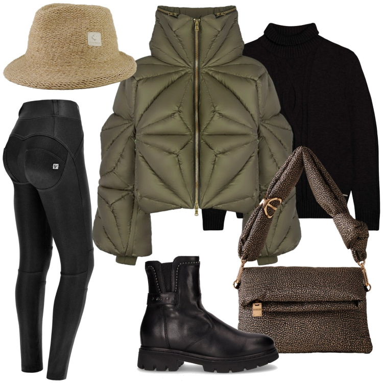 Outfit donna - Sporty-chic autunnale. Stile Casual per Tutti i giorni. Abbinamento con borse a tracolla, maglieria, pantaloni skinny, piumini, cappelli, anfibi.