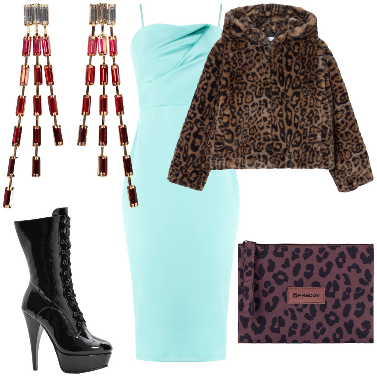 Outfit donna - Lo stivaletto wow. Stile Sexy per Serata fuori. Abbinamento con stivaletti, orecchini, ecopellicce, vestiti a tubino, clutch.