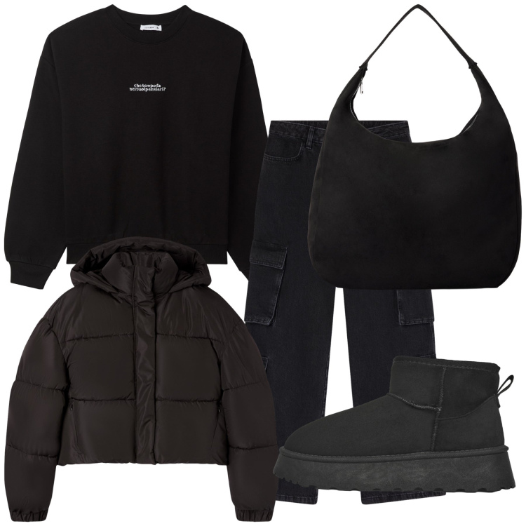 Outfit donna - Terranova in nero. Stile Basic per Tutti i giorni. Abbinamento con borse a mano, jeans, bomber, stivaletti, felpe.