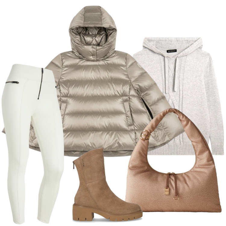 Outfit donna - Sporty-chic autunnale. Stile Chic per Tutti i giorni. Abbinamento con borse a mano, pantaloni skinny, maglieria, piumini, stivaletti.
