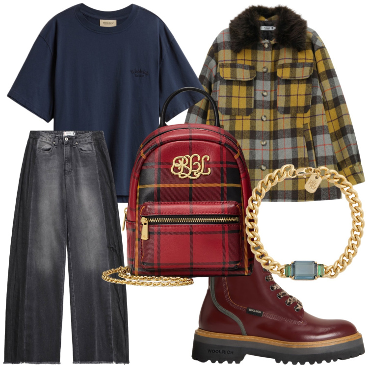 Outfit donna - Decisamente sportivo e elegante. Stile Sporty chic per Tutti i giorni. Abbinamento con jeans, cappotti, borse a tracolla, braccialetti, anfibi, t-shirt.