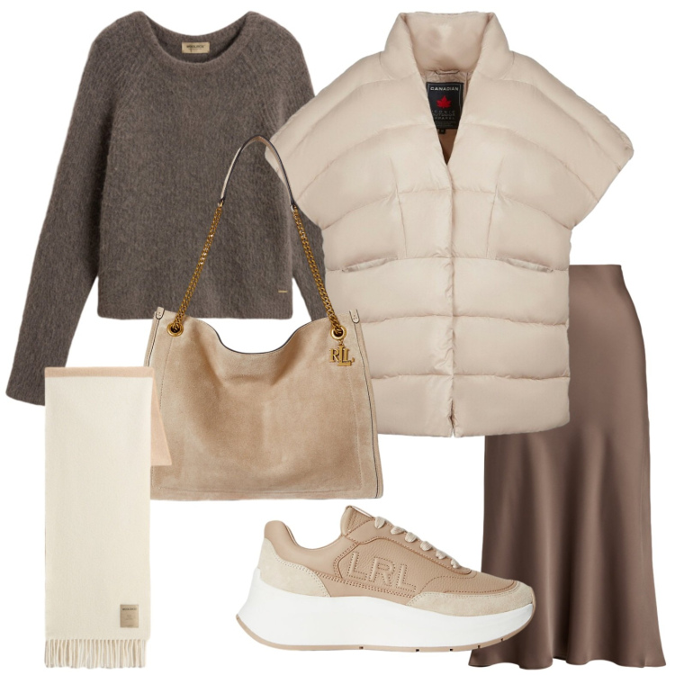 Outfit donna - Novembre chic. Stile Chic per Ufficio. Abbinamento con gonne, sneakers, borse tote, piumini, maglieria, sciarpe.