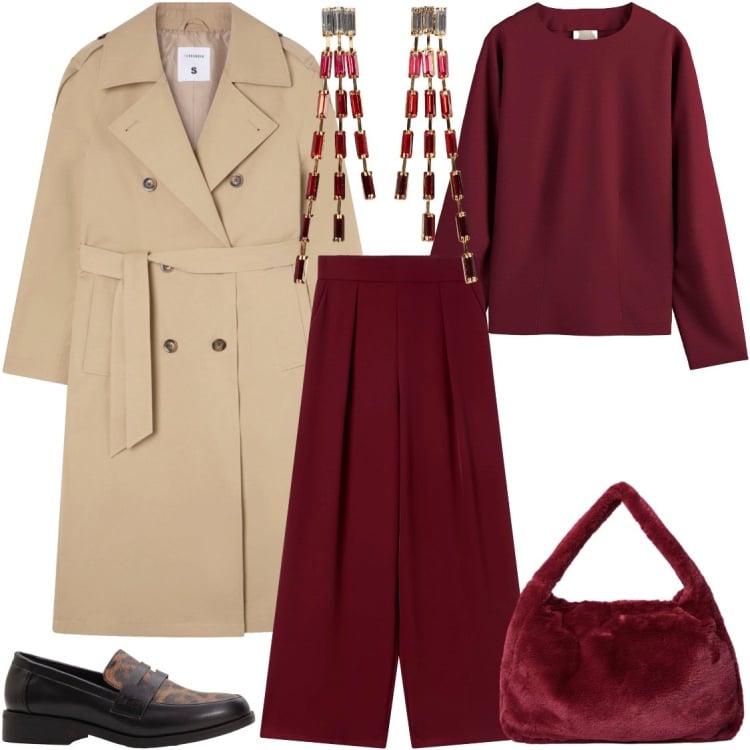 Outfit donna - Bordeaux per una serata. Stile Bon Ton per Serata fuori. Abbinamento con maglieria, mocassini, orecchini, pantaloni, trench, borse a spalla.