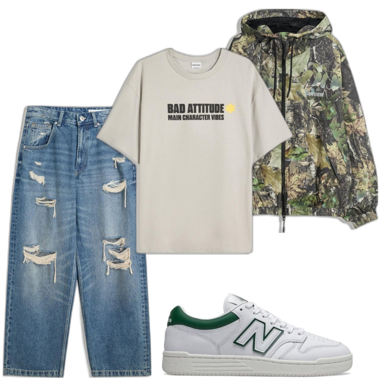 Outfit hombre - Casual look. Estilo Casual para Todos los días. Combinación con vaqueros rotos, chaquetas, sneakers, camiseta.