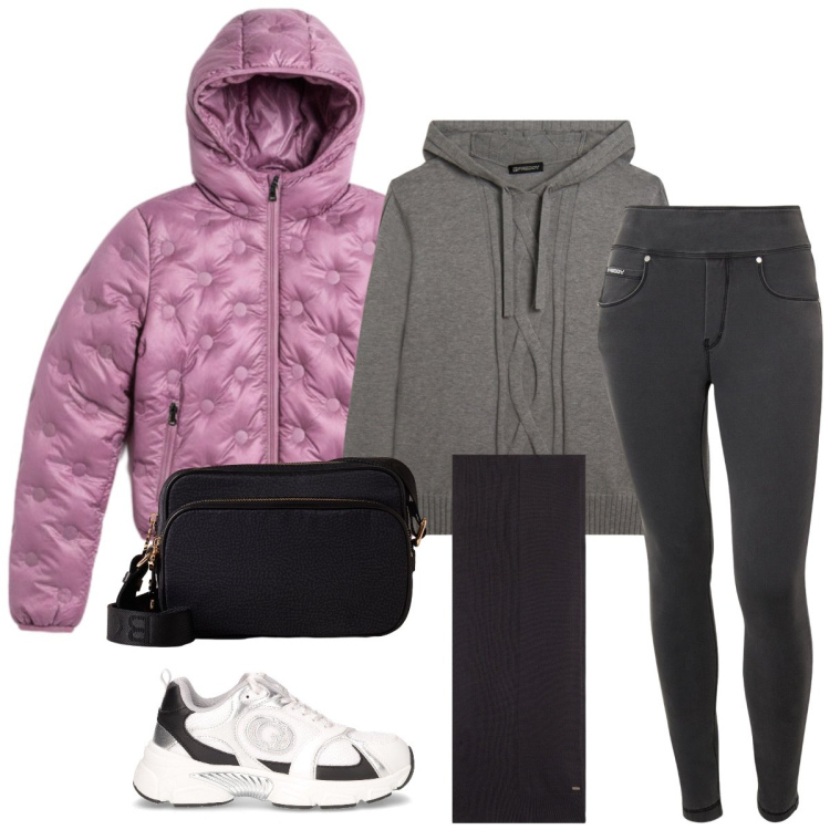 Outfit donna - Total look #2288622. Stile Sporty chic per Tutti i giorni. Abbinamento con borse a tracolla, sciarpe, maglieria, jeans skinny, blazer, sneakers.