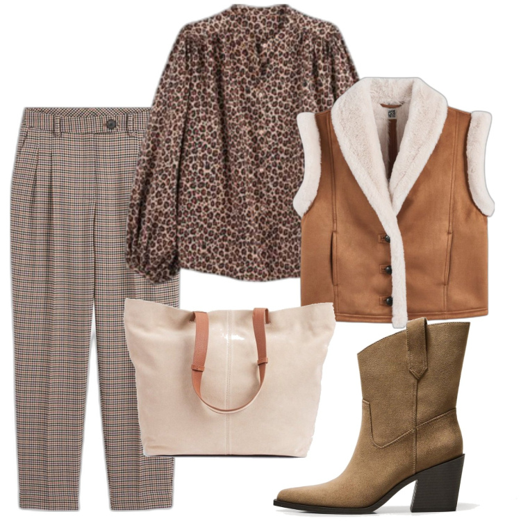 Outfit mujer - Urban look. Estilo Urban para Todos los días. Combinación con bolso tote, botas cowboy, camisas, chalecos, pantalones.