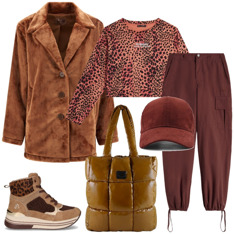 Outfit donna - Total look #2288625. Stile Sporty chic per Tutti i giorni. Abbinamento con pantaloni cargo, felpe, cappotti, shopping bag, cappelli con visiera, sneakers alte.