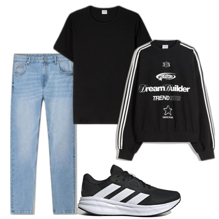Outfit hombre - Casual look. Estilo Casual para Todos los días. Combinación con sneakers, sudaderas, vaqueros pitillo, camiseta.