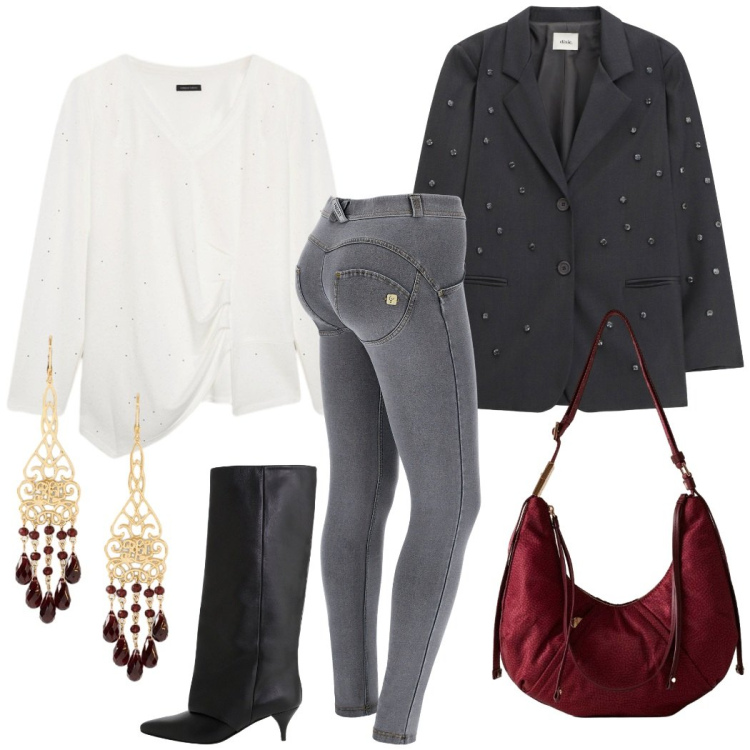 Outfit donna - Aperitivo tra amici prima di Natale. Stile Chic per Serata fuori. Abbinamento con borse a tracolla, jeggings, blazer, stivali, orecchini, t-shirt.