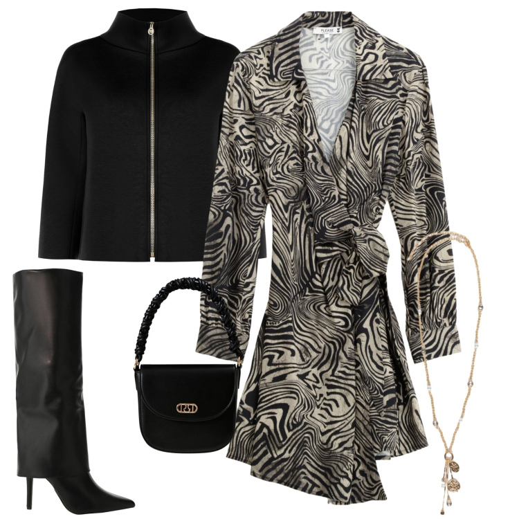 Outfit donna - Novembre. Stile Chic per Tutti i giorni. Abbinamento con vestiti corti, cappe, borse a mano, stivali, ciondoli.