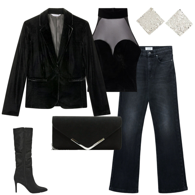 Outfit donna - Party night. Stile Casual chic per Serata fuori. Abbinamento con pochette, top, blazer, jeans bootcut, orecchini, stivali.