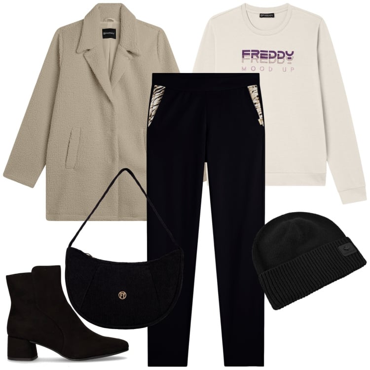 Outfit donna - Sporty-chic autunnale. Stile Sporty chic per Tutti i giorni. Abbinamento con pantaloni, felpe, cappotti, borse a mano, berretti, stivaletti.