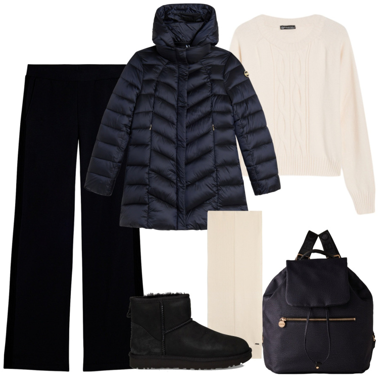 Outfit donna - Sporty-chic autunnale. Stile Sporty chic per Tutti i giorni. Abbinamento con zaini, piumini, pantaloni, maglieria, sciarpe, stivaletti chelsea.