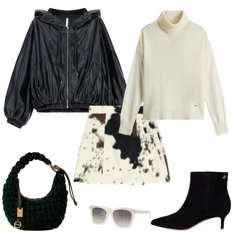 Outfit donna - La mia giacca bomber. Stile Glamour per Tutti i giorni. Abbinamento con bomber, borse a mano, minigonne, occhiali da sole, stivaletti, maglieria.