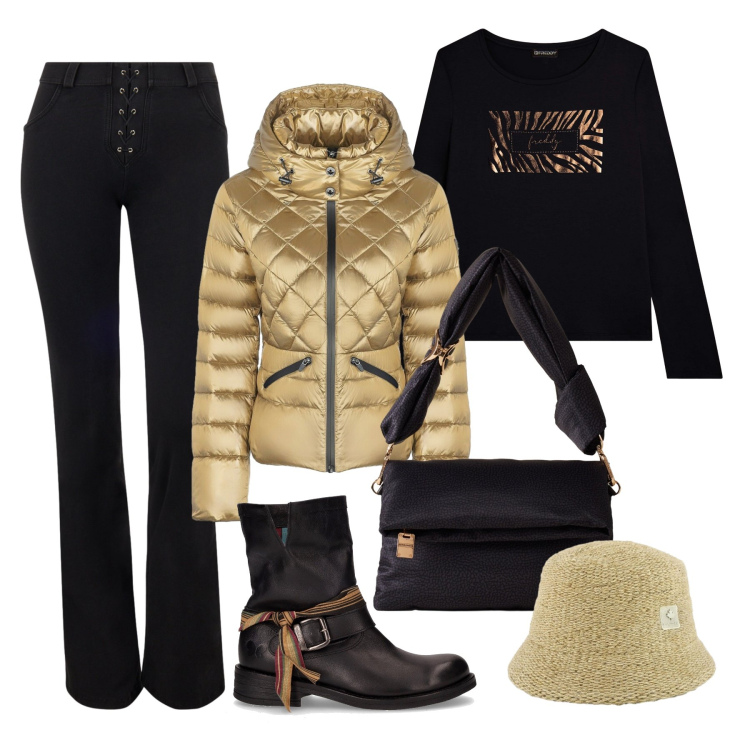 Outfit donna - Illumina i giorni di uggiosi. Stile Sporty chic per Tutti i giorni. Abbinamento con borse a tracolla, t-shirt, jeans skinny, piumini, cappelli, stivaletti.