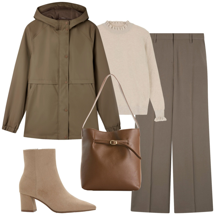 Outfit donna - Mattina in ufficio. Stile Casual chic per Ufficio. Abbinamento con borse a mano, stivaletti, blazer, pantaloni a palazzo, maglieria.