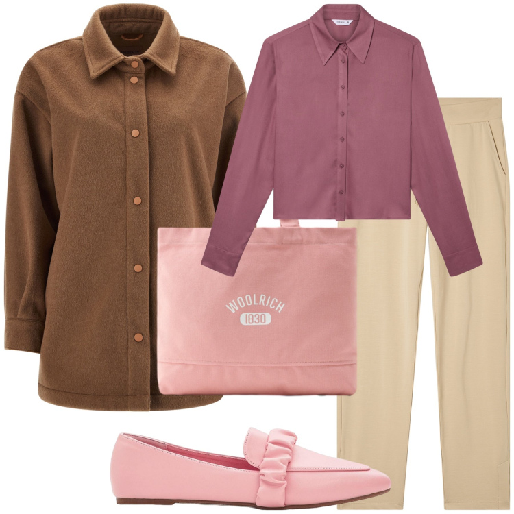 Outfit donna - Pomeriggio da shopping. Stile Basic per Tutti i giorni. Abbinamento con mocassini, camicie, cappotti, pantaloni, borse tote.