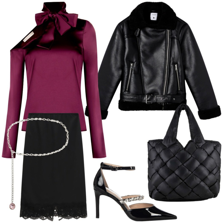 Outfit donna - Cene di festa. Stile Chic per Serata fuori. Abbinamento con bluse, décolleté, giacche, gonne longuette, cinture, borse tote.