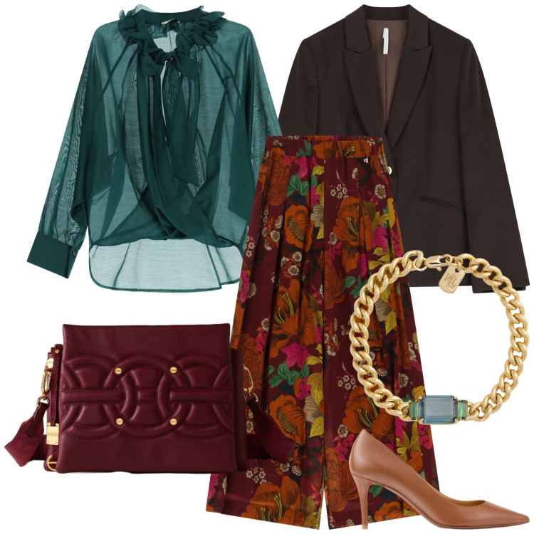 Outfit donna - Ad una cena importante. Stile Glamour per Serata fuori. Abbinamento con blazer, borse a tracolla, pantaloni a palazzo, bluse, braccialetti, décolleté.