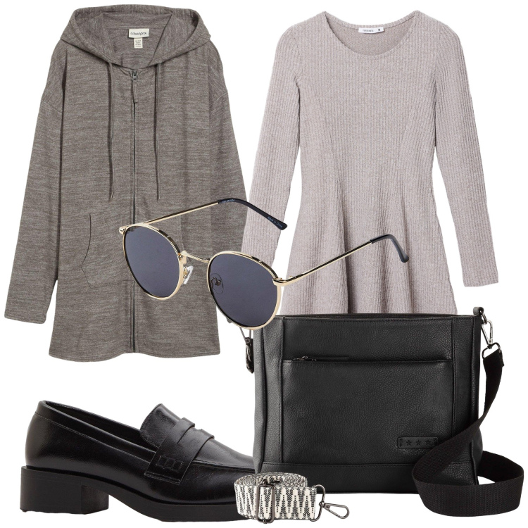 Outfit donna - Comodamente caldissima. Stile Basic per Ufficio. Abbinamento con borse a tracolla, occhiali da sole, mocassini, cardigans, vestiti corti.