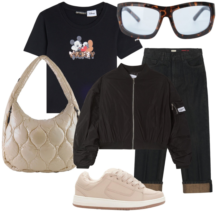 Outfit donna - Pomeriggio libero. Stile Casual per Tutti i giorni. Abbinamento con sneakers, bomber, occhiali da sole, t-shirt, borse tote, jeans dritti.