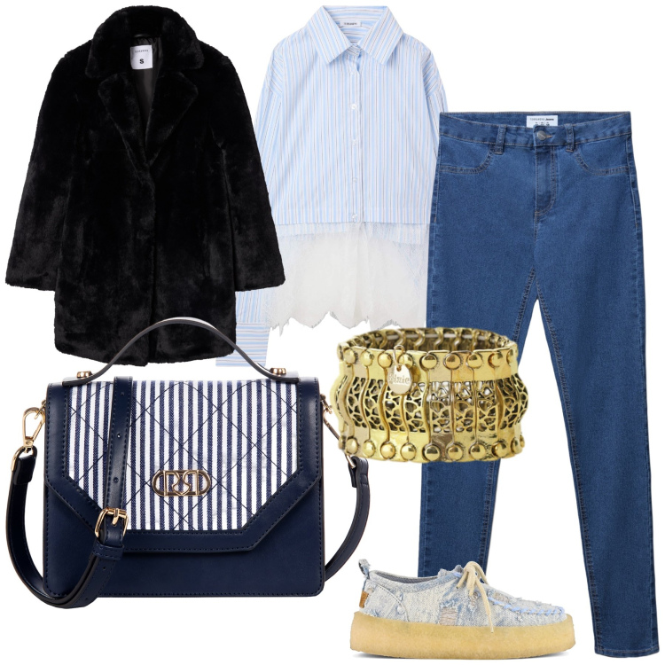 Outfit donna - Total look. Stile Urban per Ufficio. Abbinamento con camicie, jeggings, cappotti, borse a mano, anelli, mocassini.