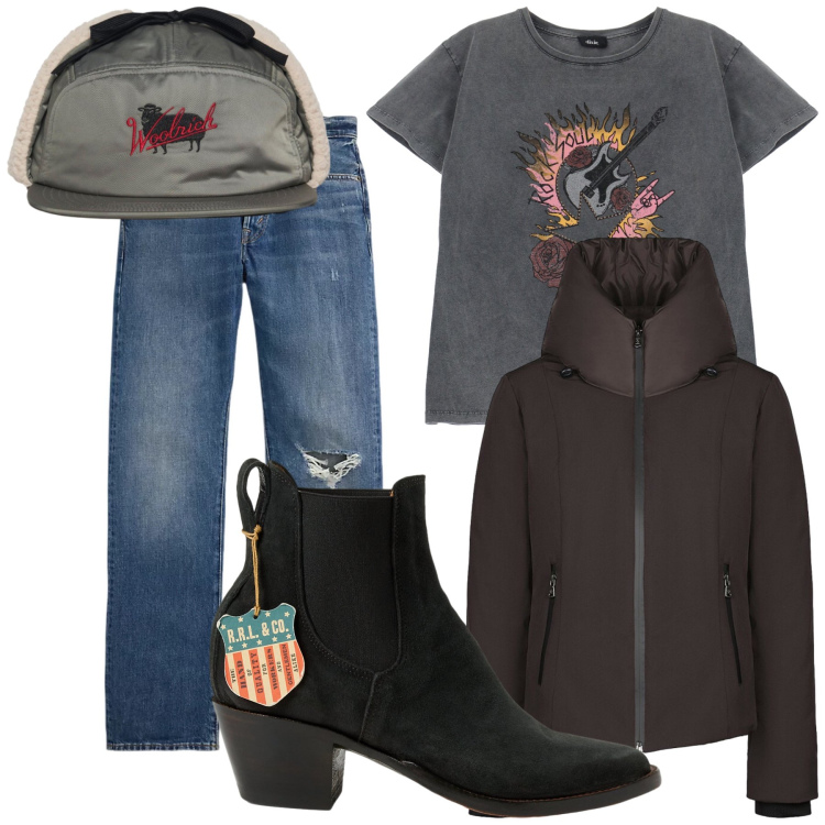 Outfit donna - Total look. Stile Casual per Tutti i giorni. Abbinamento con t-shirt, jeans dritti, stivaletti chelsea, blazer, cappelli.