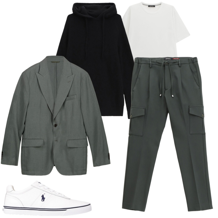 Outfit uomo - Sneakers in pelle bianche. Stile Casual per Tutti i giorni. Abbinamento con pantaloni cargo, t-shirt, felpe con cappuccio, sneakers, giacche.