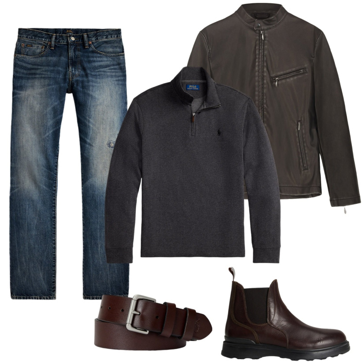Outfit uomo - Pelle testa di moro. Stile Casual per Tutti i giorni. Abbinamento con cinture, jeans dritti, pullovers, stivali e stivaletti, giacche.