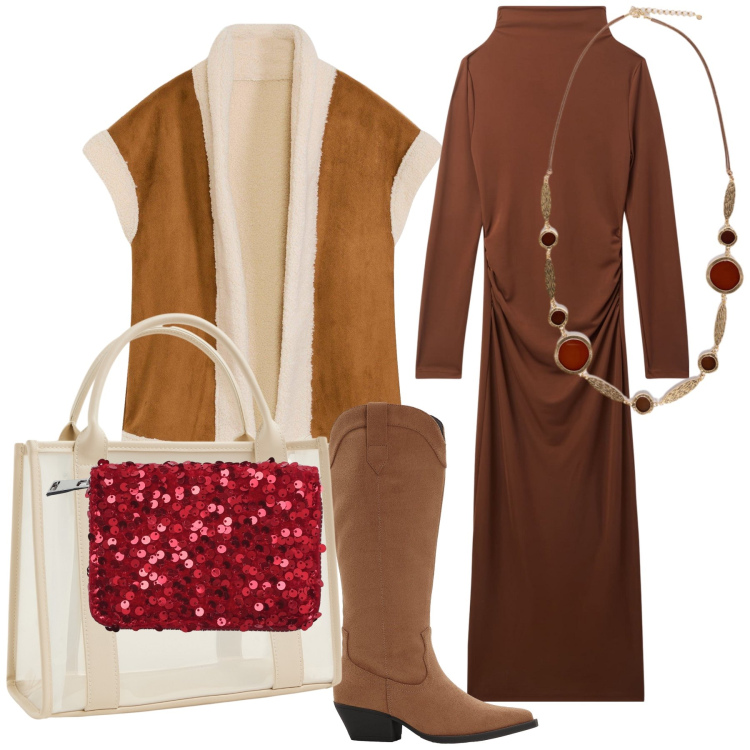 Outfit donna - Caldo gilet. Stile Urban per Ufficio. Abbinamento con stivali, piumini, vestiti lunghi, borse tote, portafogli, collane.