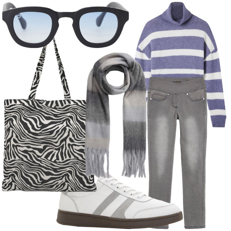 Outfit donna - Righe e onde. Stile Casual per Tutti i giorni. Abbinamento con jeans dritti, sneakers, borse tote, sciarpe, maglieria, occhiali da sole.