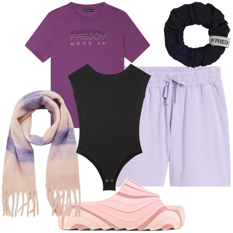 Outfit donna - Pigramente a casa. Stile Basic per Tutti i giorni. Abbinamento con shorts, sciarpe, body, t-shirt, accessori per capelli, ciabatte.