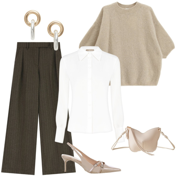 Outfit donna - Comoda eleganza. Stile Minimal per Serata fuori. Abbinamento con pantaloni a palazzo, décolleté, camicie, borse a tracolla, maglieria, orecchini.