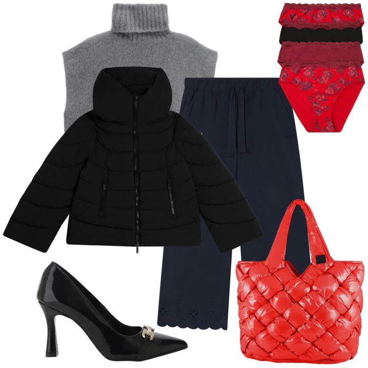 Outfit donna - Il rosso è chic. Stile Urban per Ufficio. Abbinamento con culotte, décolleté, piumini, pantaloni, maglieria, borse tote.