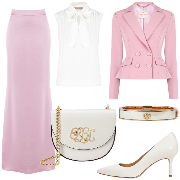 Outfit donna - Total look #2288691. Stile Bon Ton per Cerimonia. Abbinamento con gonne lunghe, blazer, top, décolleté, braccialetti, borse a tracolla.