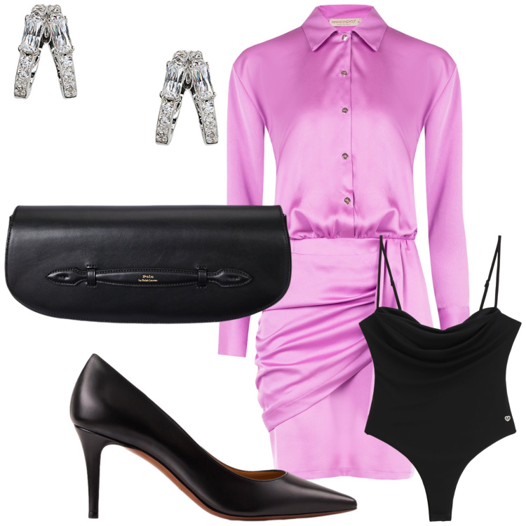 Outfit donna - In raso alla cerimonia invernale. Stile Chic per Cerimonia. Abbinamento con body, vestiti chemisier, orecchini, décolleté, clutch.