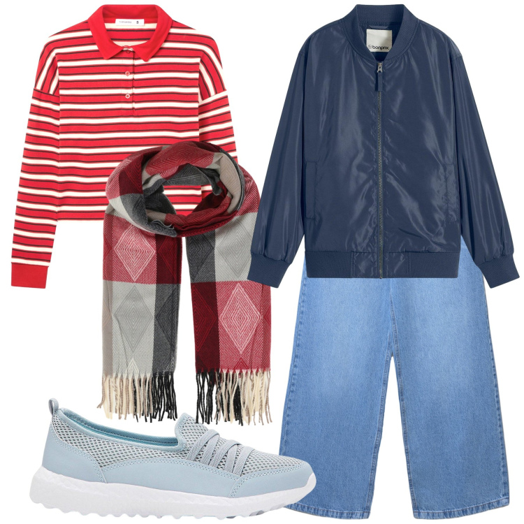 Outfit donna - Weekend d inverno al mare. Stile Casual per Mare. Abbinamento con sneakers, bomber, sciarpe, polo, jeans.