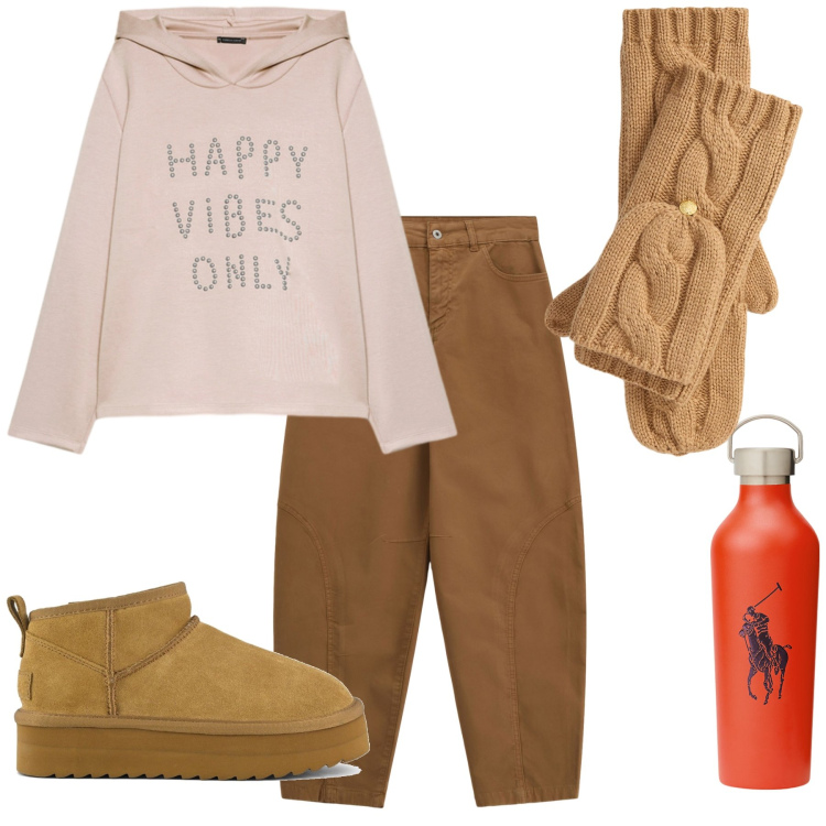 Outfit donna - La bottiglietta è glam. Stile Casual per Tutti i giorni. Abbinamento con pantaloni, guanti, bluse, stivaletti, felpe con cappuccio.