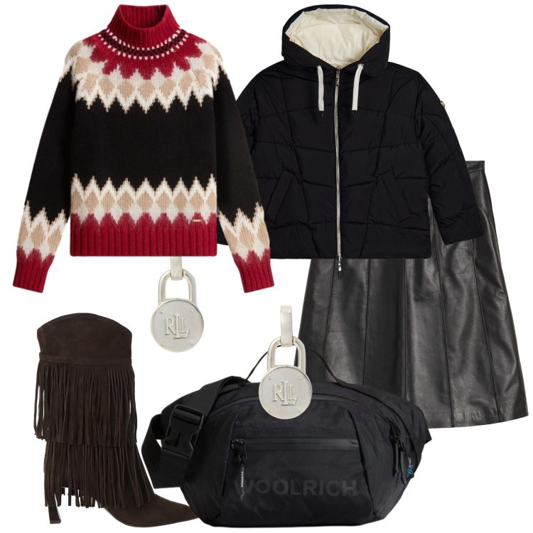 Outfit donna - Inverno. Stile Trendy per Tutti i giorni. Abbinamento con gonne, piumini, stivali, orecchini, maglieria, borse a tracolla.
