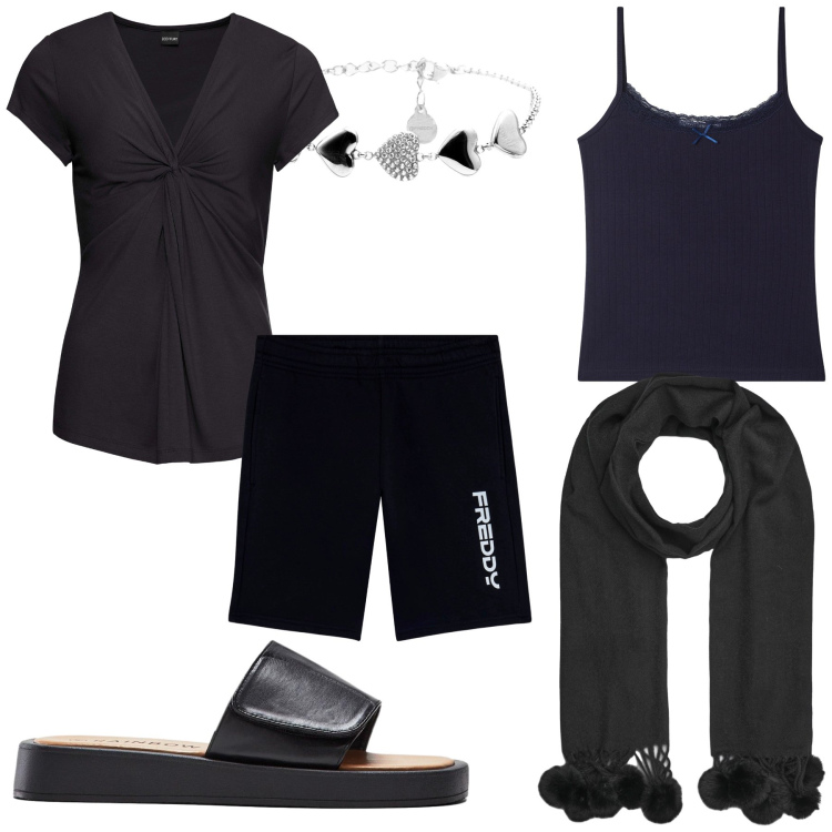 Outfit donna - Un amore dí casetta. Stile Basic per Tutti i giorni. Abbinamento con maglieria, ciabatte, sciarpe, magliette intime, braccialetti, bermuda.