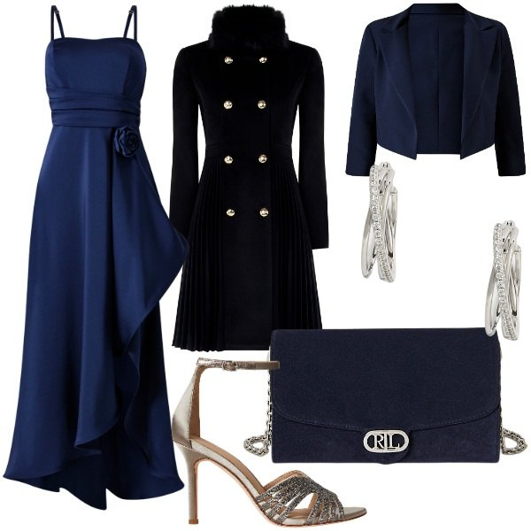 Outfit donna - Black Friday 2025 Rinascimento. Stile Chic per Cerimonia. Abbinamento con cappotti, vestiti lunghi, bolero, borse a tracolla, orecchini, sandali gioiello.