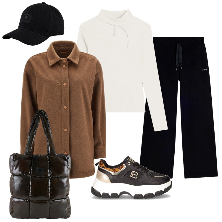 Outfit donna - Passeggiata in sporty chic. Stile Sporty chic per Tutti i giorni. Abbinamento con cappotti, pantaloni, maglieria, shopping bag, cappelli, sneakers.